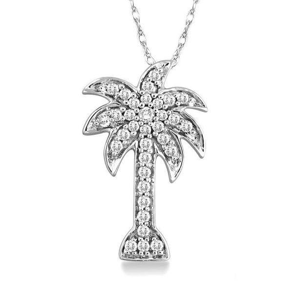 1/4 Ctw Palm Tree Round Cut Diamond Pendant in 14K White Gold with Chain