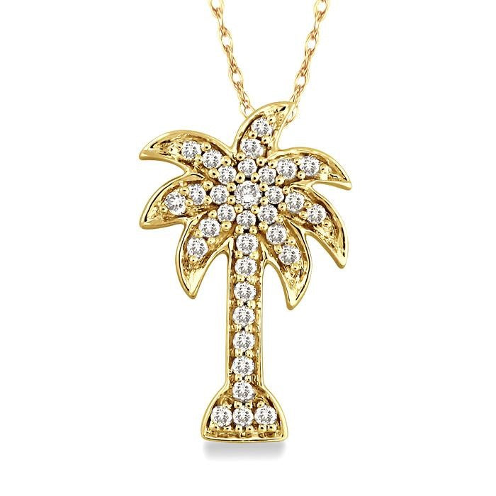 1/10 Ctw Palm Tree Round Cut Diamond Pendant in 10K Yellow Gold with Chain