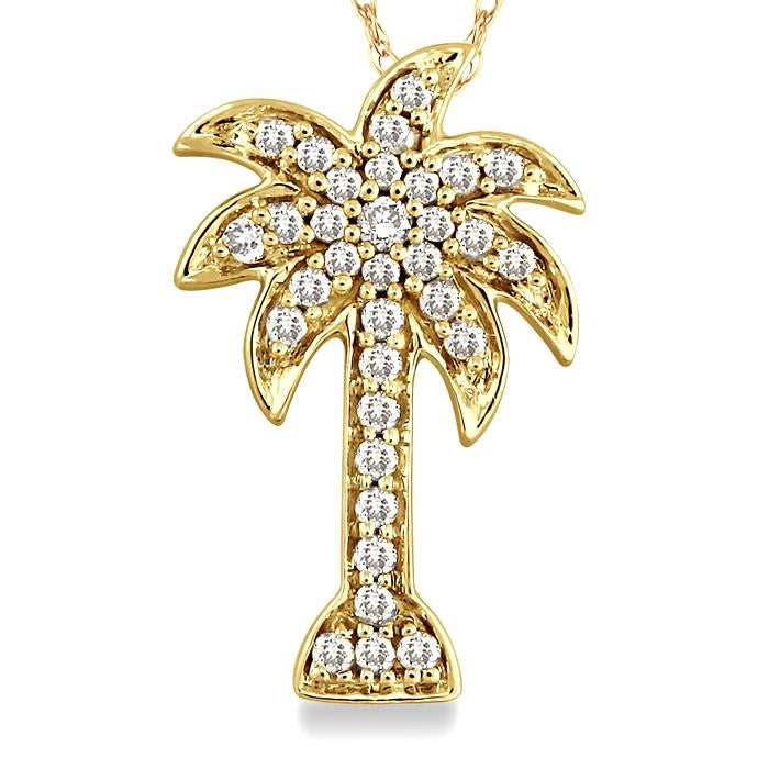 1/10 Ctw Palm Tree Round Cut Diamond Pendant in 10K Yellow Gold with Chain