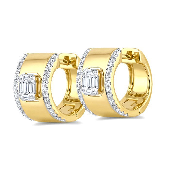1/3 Ctw Baguette and Round Cut Diamond Fusion Huggie Earrings in 10K Yellow Gold
