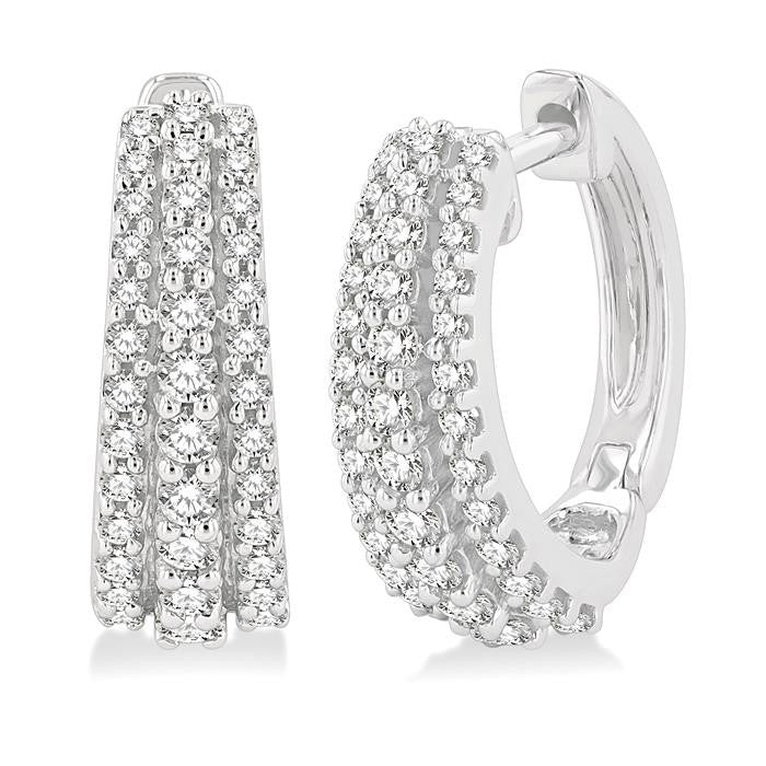 1/2 Ctw Triple Row Round Cut Diamond Huggie Petite Earrings in 14K White Gold