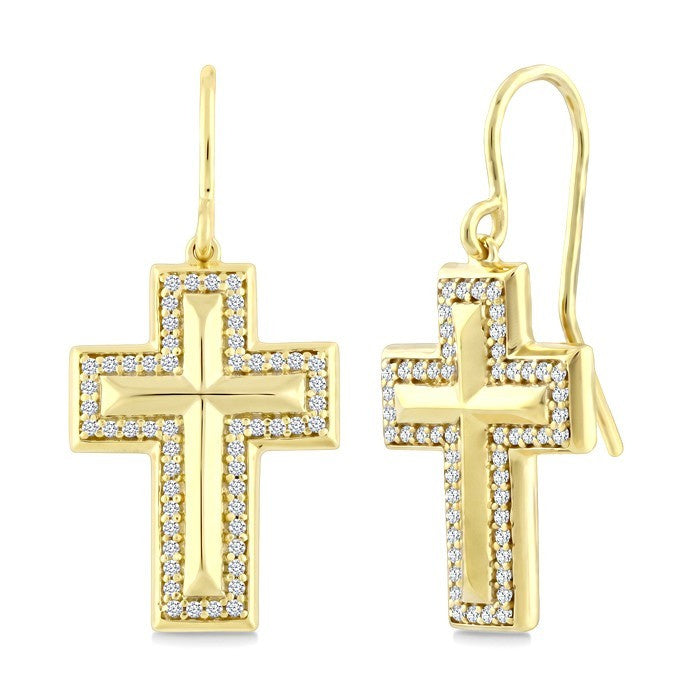 1/3 Ctw Round Cut Diamond Cross Fashion Earrings in 10K Yellow Gold