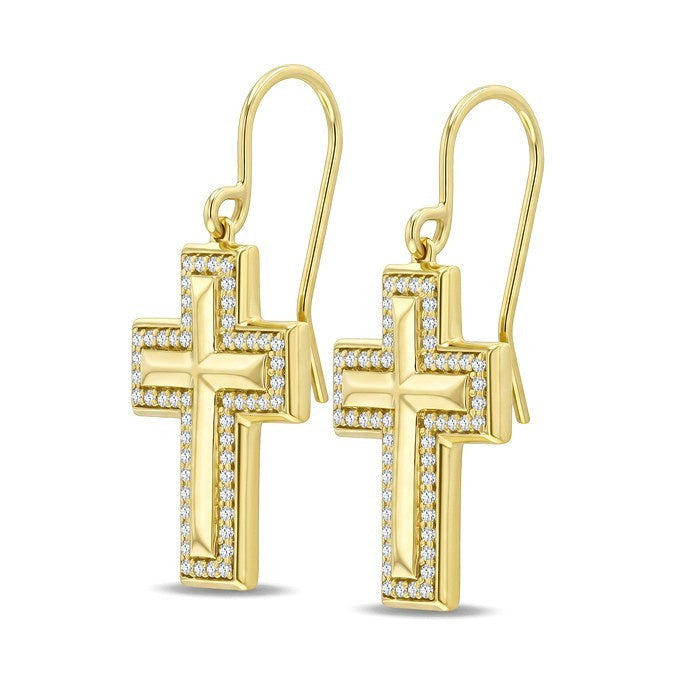 1/3 Ctw Round Cut Diamond Cross Fashion Earrings in 10K Yellow Gold