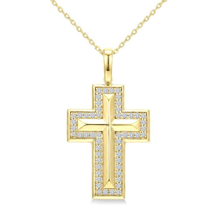 1/4 Ctw Round Cut Diamond Cross Pendant With Chain in 10K Yellow Gold