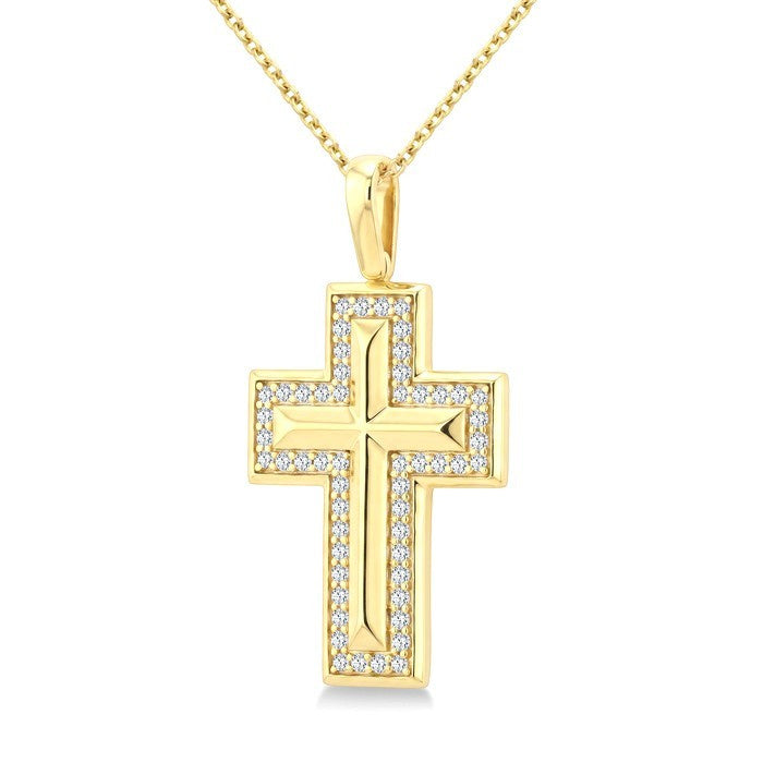 1/4 Ctw Round Cut Diamond Cross Pendant With Chain in 10K Yellow Gold
