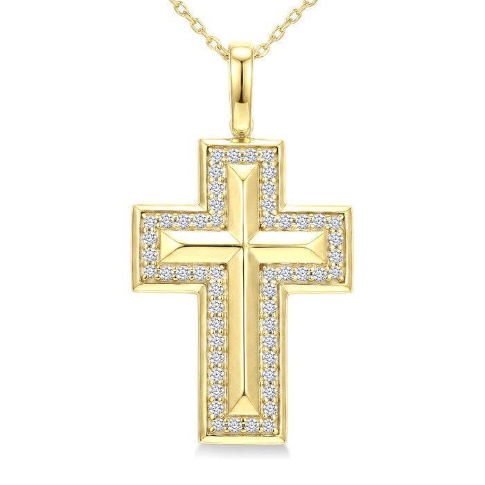 1/4 Ctw Round Cut Diamond Cross Pendant With Chain in 10K Yellow Gold