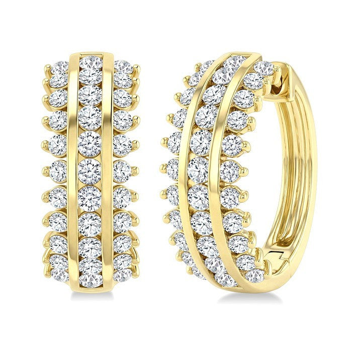 1 1/2 Ctw Round Cut Diamond Double Track Hoop Earrings in 14K Yellow Gold