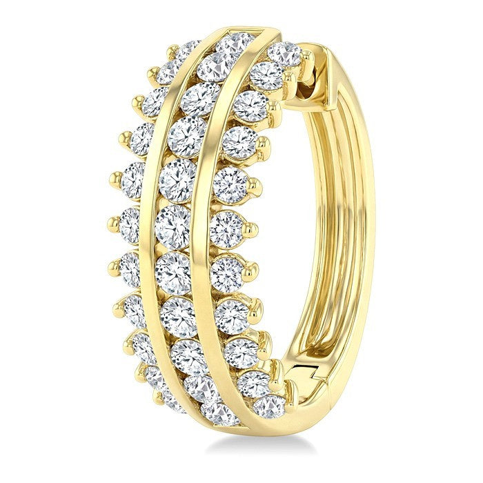 1 1/2 Ctw Round Cut Diamond Double Track Hoop Earrings in 14K Yellow Gold