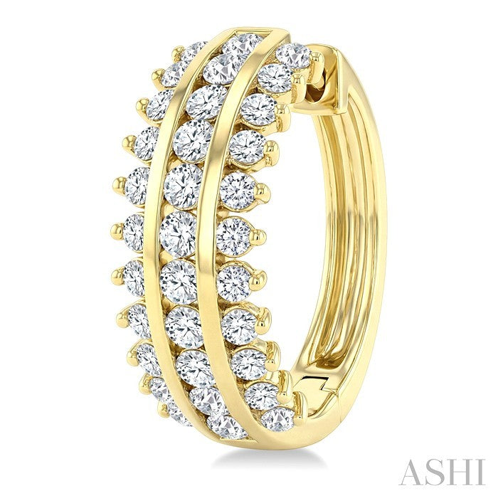 1 1/2 Ctw Round Cut Diamond Double Track Hoop Earrings in 14K Yellow Gold