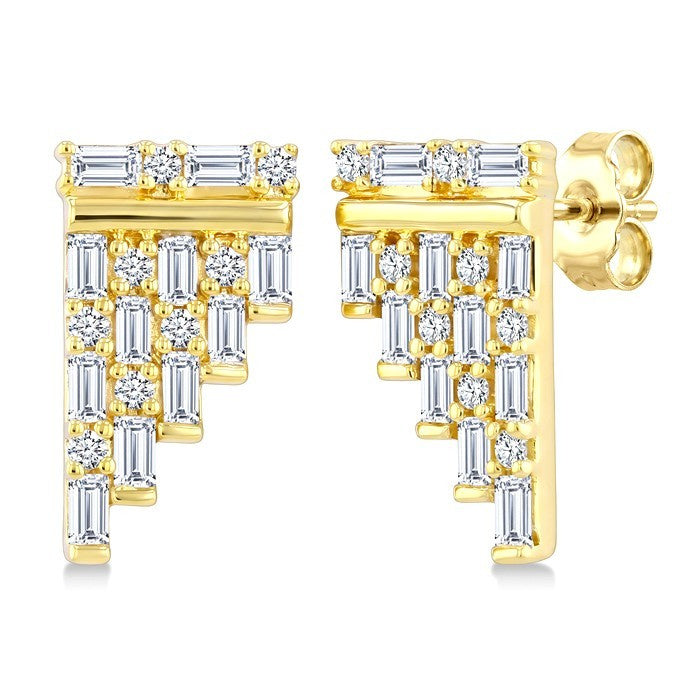 1/2 Ctw Fusion Baguette and Round Cut Diamond Fashion Earrings in 14K Yellow Gold