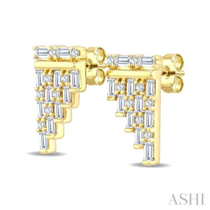 1/2 Ctw Fusion Baguette and Round Cut Diamond Fashion Earrings in 14K Yellow Gold
