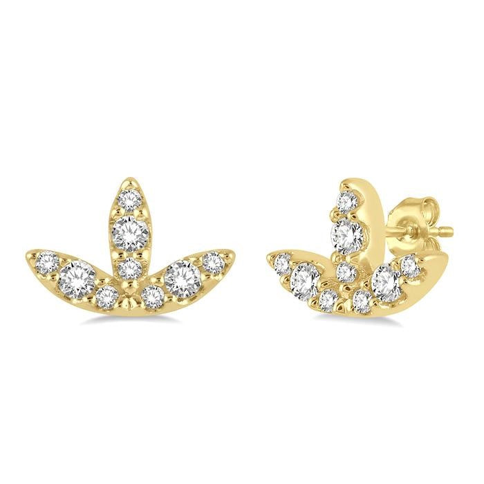 1/10 Ctw Tri Leaf Round Cut Diamond Petite Earrings in 10K Yellow Gold