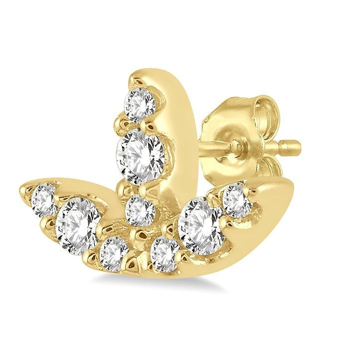 1/10 Ctw Tri Leaf Round Cut Diamond Petite Earrings in 10K Yellow Gold