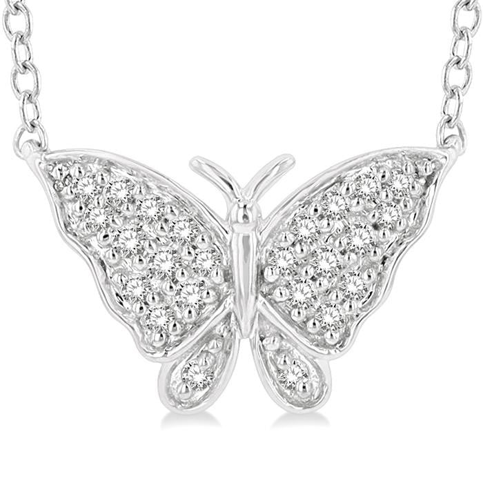 1/10 Ctw Butterfly Petite Round Cut Diamond Fashion Pendant With Chain in 10K White Gold