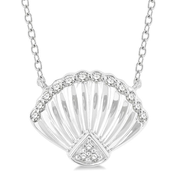 1/10 Ctw Nautical Seashell Petite Round Cut Diamond Fashion Pendant With Chain in 10K White Gold