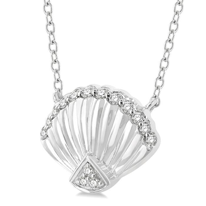 1/10 Ctw Nautical Seashell Petite Round Cut Diamond Fashion Pendant With Chain in 10K White Gold