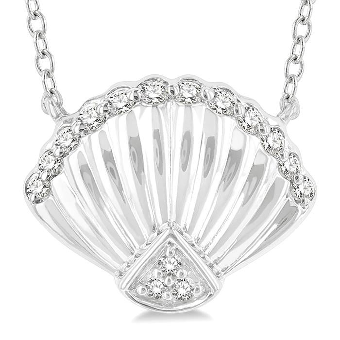 1/10 Ctw Nautical Seashell Petite Round Cut Diamond Fashion Pendant With Chain in 10K White Gold