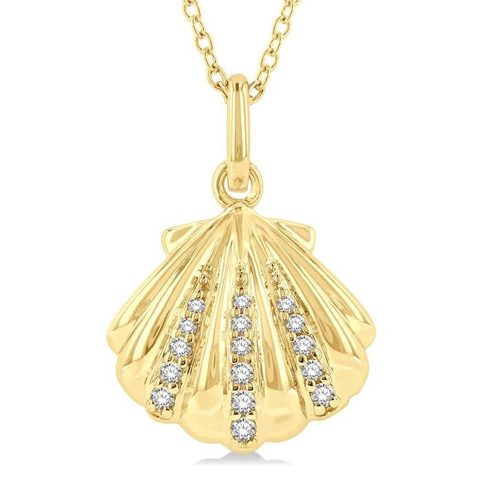 1/20 Ctw Marine Life Petite Seashell Round Cut Diamond Fashion Pendant With Chain in 10K Yellow Gold