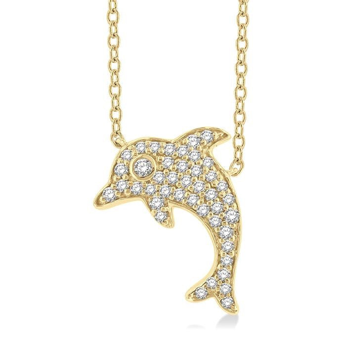 1/6 Ctw Sea Life Petite Dolphin Round Cut Diamond Fashion Pendant With Chain in 10K Yellow Gold