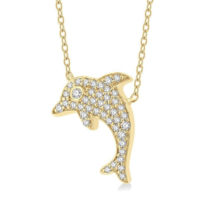 1/6 Ctw Sea Life Petite Dolphin Round Cut Diamond Fashion Pendant With Chain in 10K Yellow Gold