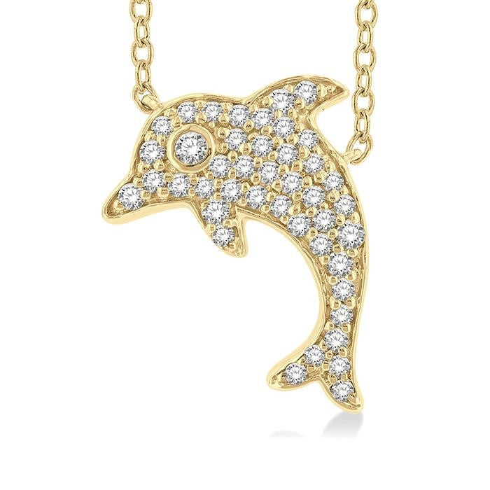 1/6 Ctw Sea Life Petite Dolphin Round Cut Diamond Fashion Pendant With Chain in 10K Yellow Gold