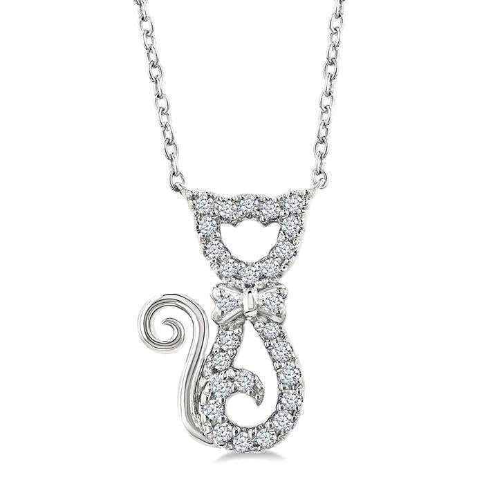 1/10 Ctw Cat Shape Petite Round Cut Diamond Fashion Pendant With Chain in 10K White Gold