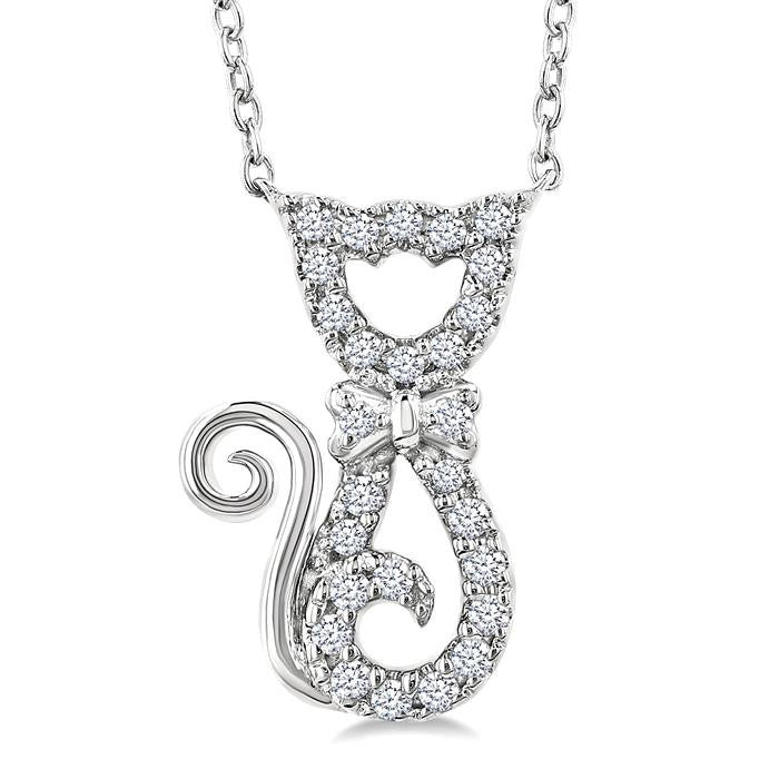 1/10 Ctw Cat Shape Petite Round Cut Diamond Fashion Pendant With Chain in 10K White Gold
