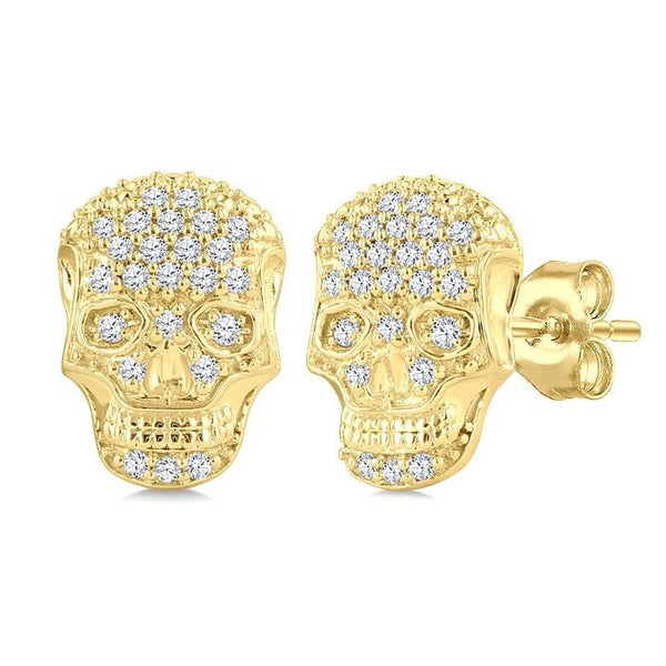 1/6 Ctw Petite Skull Round Cut Diamond Fashion Earrings in 10K Yellow Gold