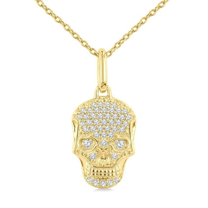 1/6 Ctw Petite Skull Round Cut Diamond Fashion Pendant With Chain in 10K Yellow Gold