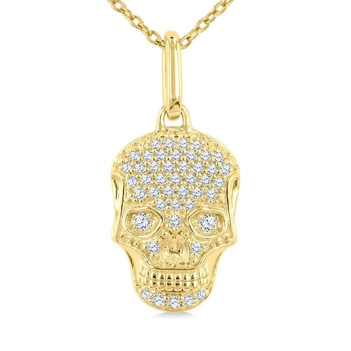 1/6 Ctw Petite Skull Round Cut Diamond Fashion Pendant With Chain in 10K Yellow Gold