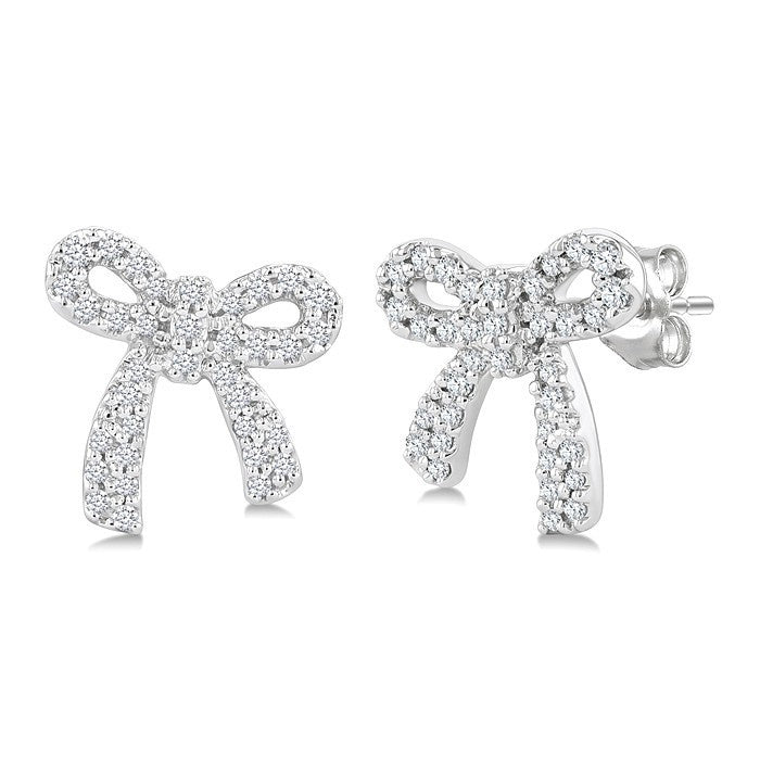 1/4 Ctw Round Cut Diamond Bow Petite Fashion Earrings in 10K White Gold