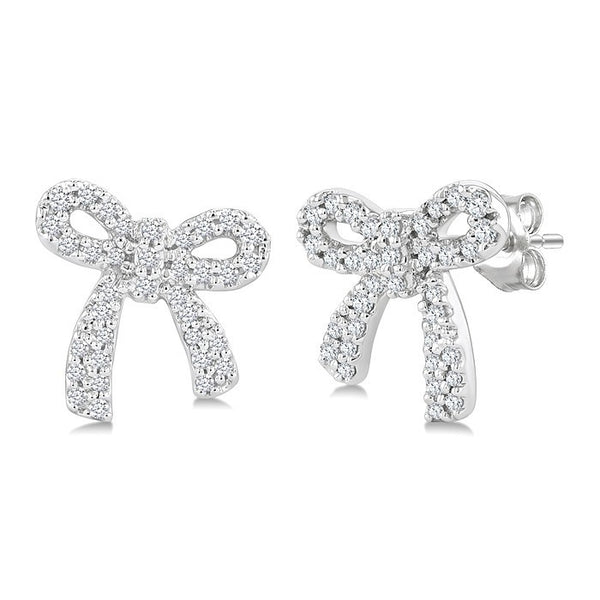 1/4 Ctw Round Cut Diamond Bow Petite Fashion Earrings in 10K White Gold