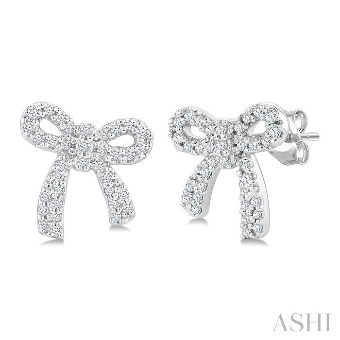 1/4 Ctw Round Cut Diamond Bow Petite Fashion Earrings in 10K White Gold