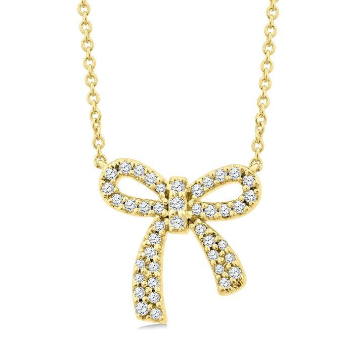 1/5 Ctw Bow Round Cut Diamond Petite Fashion Pendant With Chain in 10K Yellow Gold