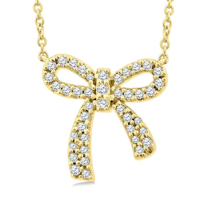 1/5 Ctw Bow Round Cut Diamond Petite Fashion Pendant With Chain in 10K Yellow Gold