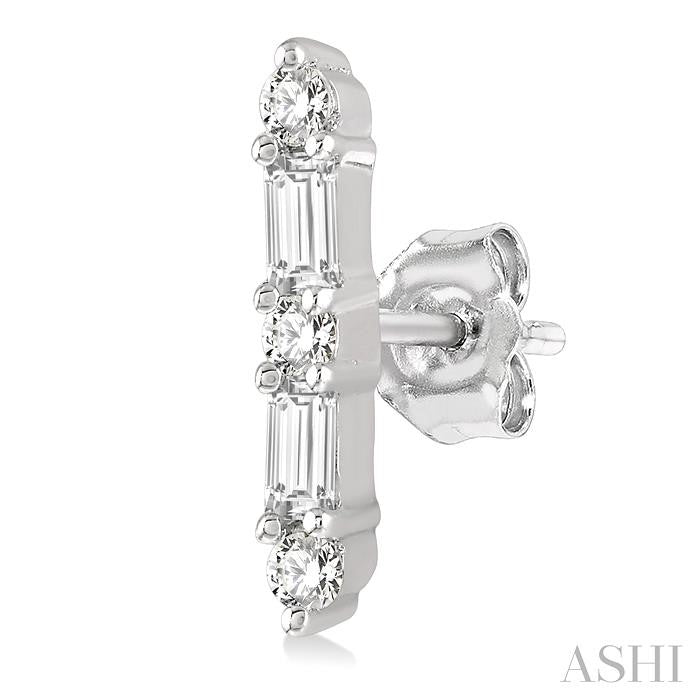 1/6 Ctw Solid Bar Baguette and Round Cut Diamond Petite Earrings in 10K White Gold