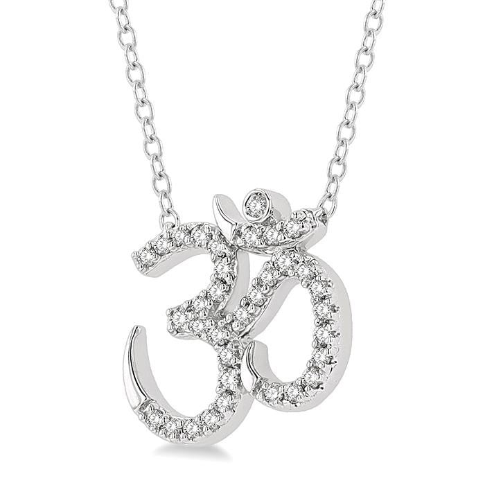 1/6 Ctw 'OM' Symbol Petite Round Cut Diamond Fashion Pendant With Chain in 10K White Gold