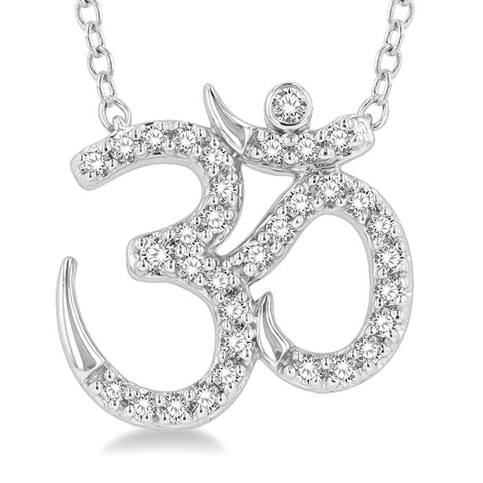 1/6 Ctw 'OM' Symbol Petite Round Cut Diamond Fashion Pendant With Chain in 10K White Gold