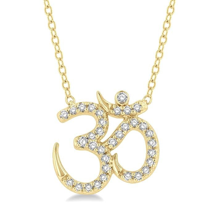 1/6 Ctw 'OM' Symbol Petite Round Cut Diamond Fashion Pendant With Chain in 10K Yellow Gold