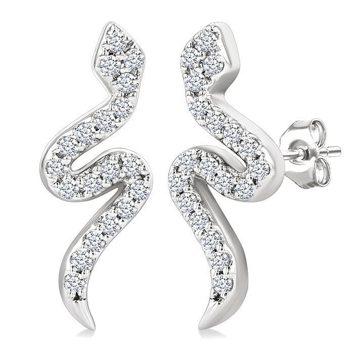 1/8 Ctw Petite Snake Round Cut Diamond Fashion Stud Earrings in 10K White Gold