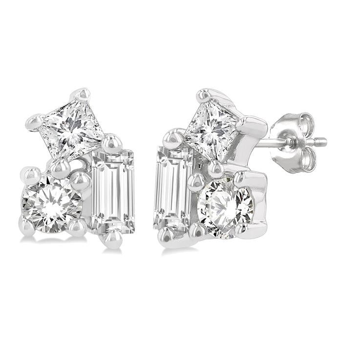 1/6 Ctw Petite Tri-Stone Scatter Princess, Baguette & Round Cut Diamond Fashion Stud Earrings in 10K White Gold