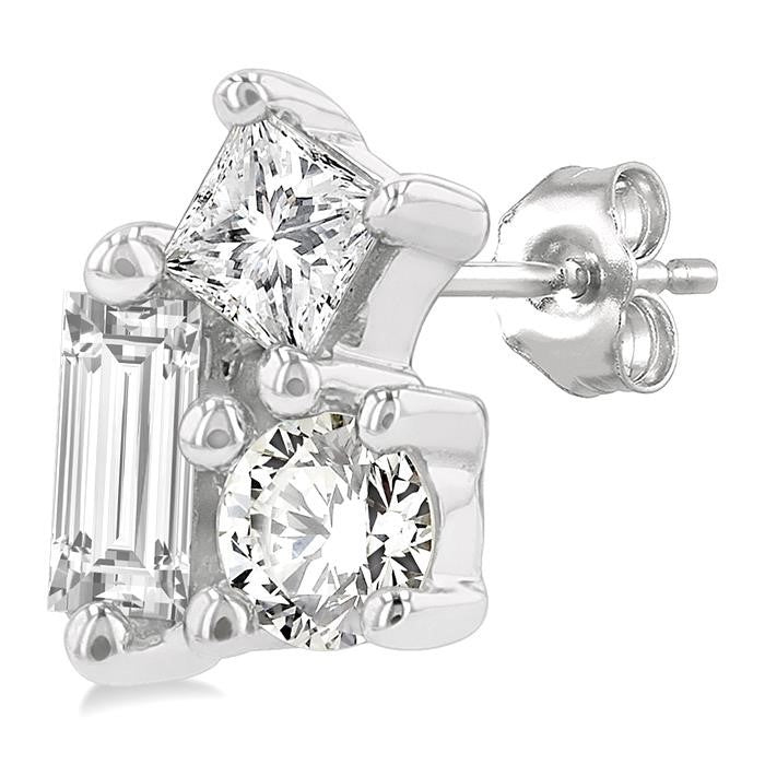 1/6 Ctw Petite Tri-Stone Scatter Princess, Baguette & Round Cut Diamond Fashion Stud Earrings in 10K White Gold
