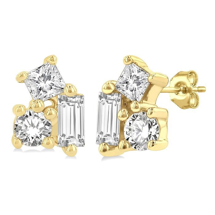 1/6 Ctw Petite Tri-Stone Scatter Princess, Baguette & Round Cut Diamond Fashion Stud Earrings in 10K Yellow Gold
