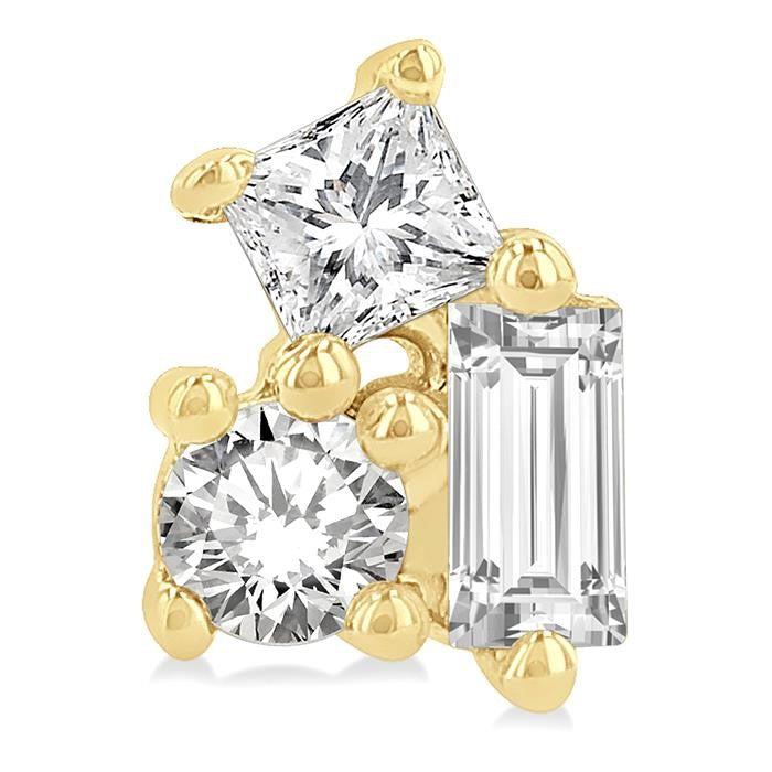 1/6 Ctw Petite Tri-Stone Scatter Princess, Baguette & Round Cut Diamond Fashion Stud Earrings in 10K Yellow Gold