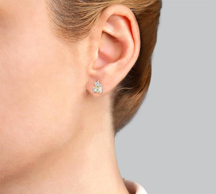 1/6 Ctw Petite Tri-Stone Scatter Princess, Baguette & Round Cut Diamond Fashion Stud Earrings in 10K Yellow Gold