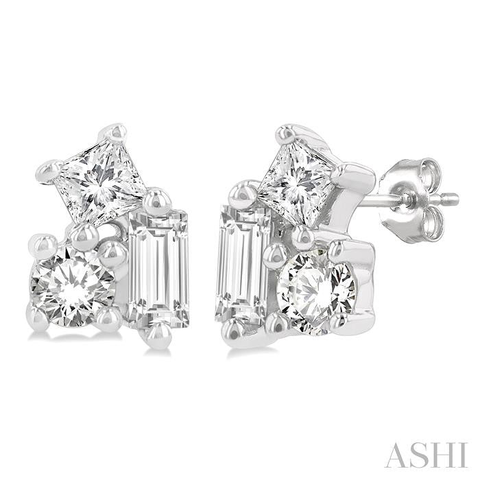 1/6 Ctw Petite Tri-Stone Scatter Princess, Baguette & Round Cut Diamond Fashion Stud Earrings in 10K White Gold