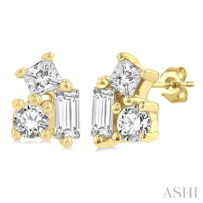1/6 Ctw Petite Tri-Stone Scatter Princess, Baguette & Round Cut Diamond Fashion Stud Earrings in 10K Yellow Gold
