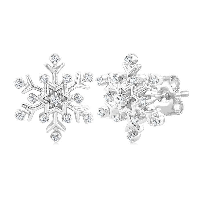 1/10 Ctw Petite Snowflake Round Cut Diamond Fashion Stud Earrings in 10K White Gold