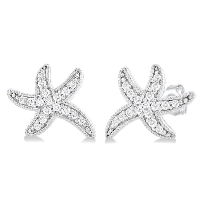 1/8 Ctw Petite Milgrain Starfish Round Cut Diamond Fashion Stud Earrings in 10K White Gold