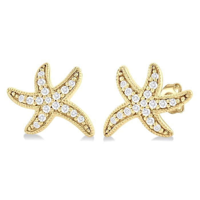 1/8 Ctw Petite Milgrain Starfish Round Cut Diamond Fashion Stud Earrings in 10K Yellow Gold